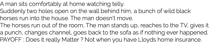 A man sits comfortably at home watching telly. Suddenly two holes open on the wall behind him, a bunch of wild black horses run into the house. The man doesn't move. The horses run out of the room, The man stands up, reaches to the TV, gives it a punch, changes channel, goes back to the sofa as if nothing ever happened. PAYOFF : Does it really Matter ? Not when you have Lloyds home insurance. 